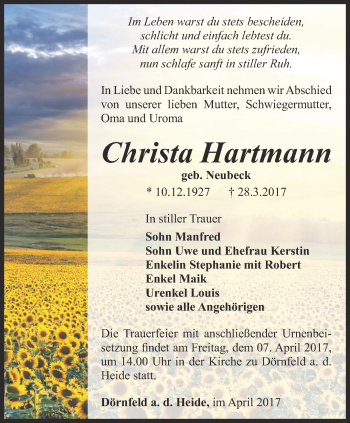 Traueranzeige von Christa Hartmann von Ostthüringer Zeitung