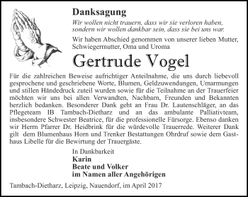 Traueranzeige von Gertrude Vogel von Ostthüringer Zeitung, Thüringische Landeszeitung