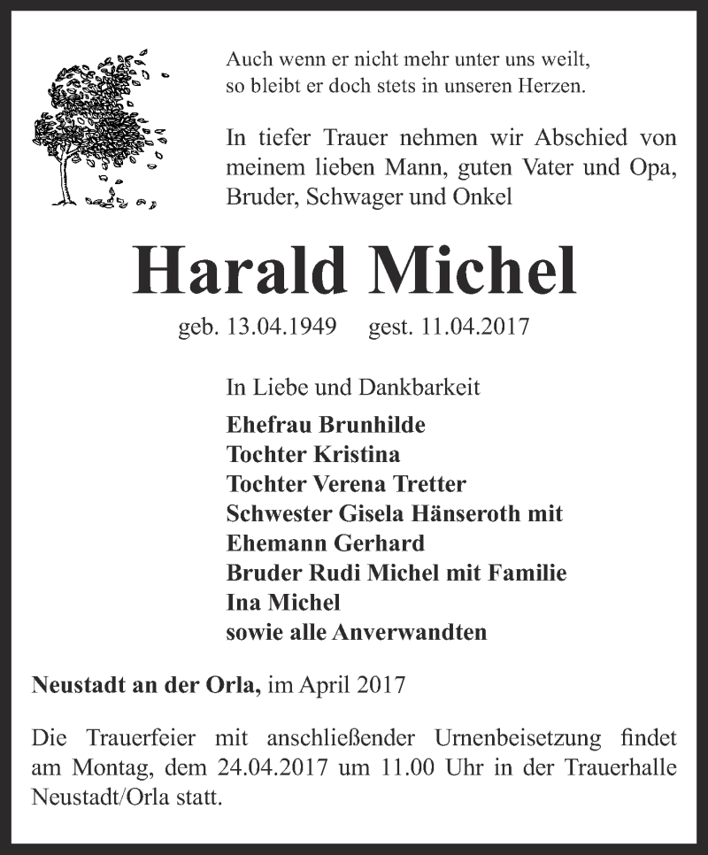  Traueranzeige für Harald Michel vom 20.04.2017 aus Ostthüringer Zeitung