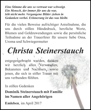 Traueranzeige von Christa Steinerstauch von Ostthüringer Zeitung, Thüringische Landeszeitung