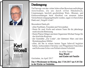 Traueranzeige von Karl Worell von Thüringer Allgemeine