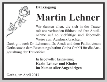 Traueranzeige von Martin Lehner von Ostthüringer Zeitung, Thüringische Landeszeitung