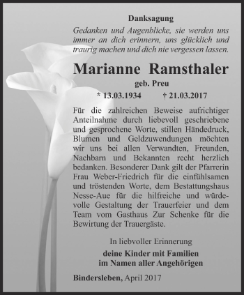 Traueranzeige von Marianne Ramsthaler von Thüringer Allgemeine, Thüringische Landeszeitung