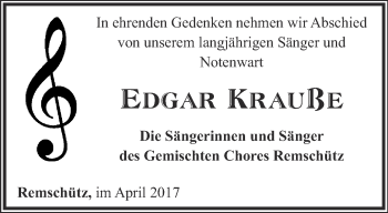 Traueranzeige von Edgar Krauße von Ostthüringer Zeitung