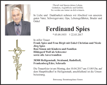Traueranzeige von Ferdinand Spies von Thüringer Allgemeine