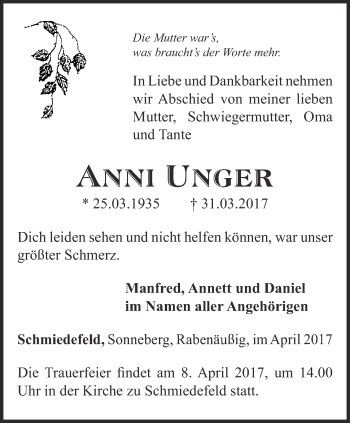 Traueranzeige von Anni Unger von Ostthüringer Zeitung