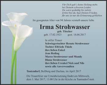 Traueranzeige von Irma Strohwasser von Ostthüringer Zeitung