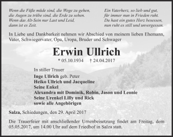 Traueranzeige von Erwin Ullrich von Thüringer Allgemeine