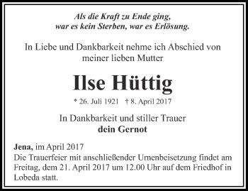 Traueranzeige von Ilse Hüttig von Ostthüringer Zeitung, Thüringische Landeszeitung