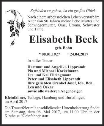 Traueranzeige von Elisabeth Beck von Thüringer Allgemeine, Thüringische Landeszeitung