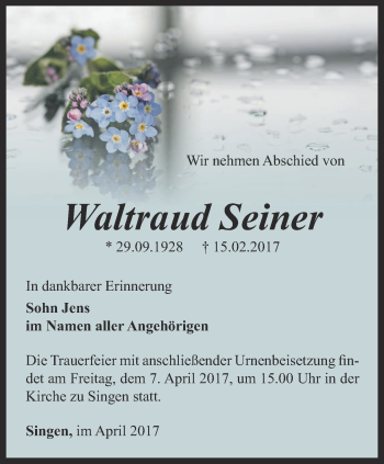 Traueranzeige von Waltraud Seiner von Thüringer Allgemeine