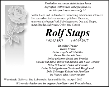 Traueranzeige von Rolf Staps von Ostthüringer Zeitung