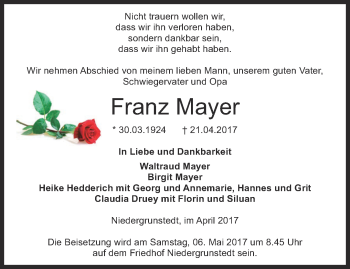 Traueranzeige von Franz Mayer von Thüringer Allgemeine, Thüringische Landeszeitung