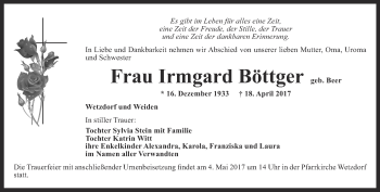 Traueranzeige von Irmgard Böttger von Ostthüringer Zeitung