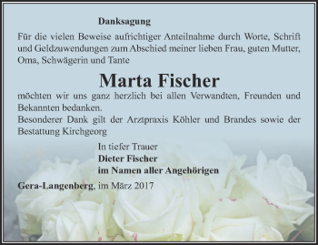 Traueranzeige von Marta Fischer von Ostthüringer Zeitung