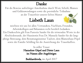 Traueranzeige von Lisbeth Laun von Thüringer Allgemeine, Thüringische Landeszeitung