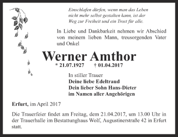 Traueranzeige von Werner Amthor von Thüringer Allgemeine, Thüringische Landeszeitung