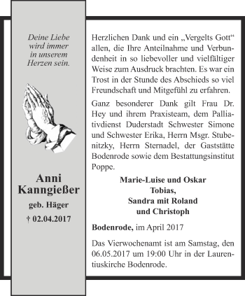 Traueranzeige von Anna Kanngießer von Thüringer Allgemeine