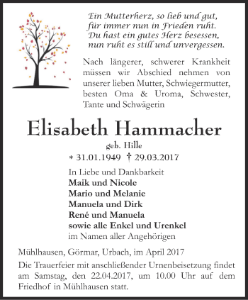 Traueranzeige von Elisabeth Hammacher von Thüringer Allgemeine, Thüringische Landeszeitung