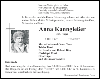 Traueranzeige von Anna Kanngießer von Thüringer Allgemeine