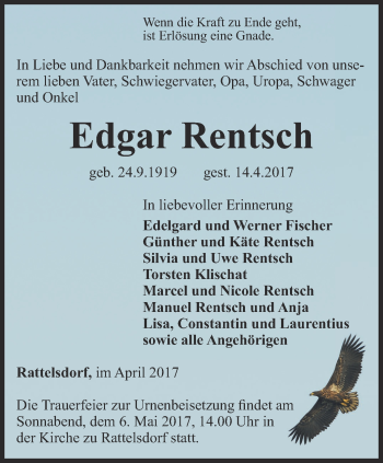 Traueranzeige von Edgar Rentsch von Ostthüringer Zeitung