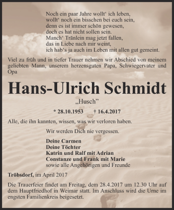 Traueranzeige von Hans-Ulrich Schmidt von Thüringer Allgemeine, Thüringische Landeszeitung