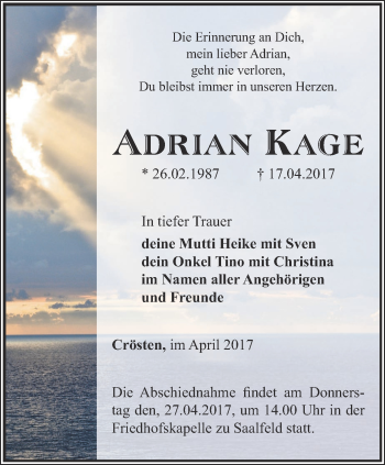 Traueranzeige von Adrian Kage von Ostthüringer Zeitung