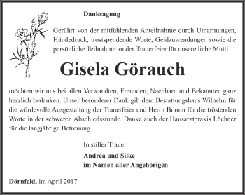 Traueranzeige von Gisela Görauch von Thüringer Allgemeine
