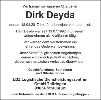 Traueranzeige von Dirk Deyda von Thüringer Allgemeine