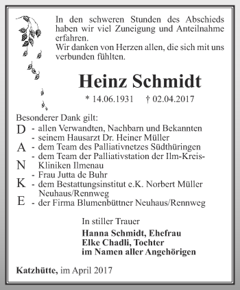 Traueranzeige von Heinz Schmidt von Ostthüringer Zeitung