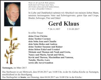 Traueranzeige von Gerd Klaus von Thüringer Allgemeine