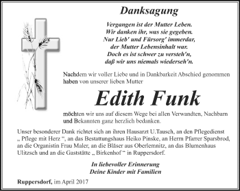 Traueranzeige von Edith Funk von Ostthüringer Zeitung