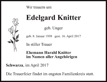 Traueranzeige von Edelgard Knitter von Ostthüringer Zeitung