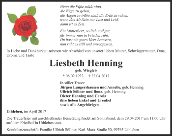 Traueranzeige von Liesbeth Henning von Thüringer Allgemeine