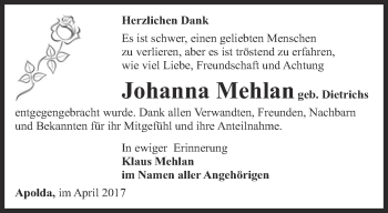 Traueranzeige von Johanna Mehlan von Thüringer Allgemeine, Thüringische Landeszeitung