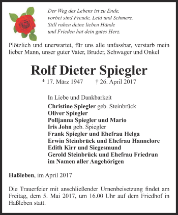 Traueranzeige von Rolf Dieter Spiegler von Thüringer Allgemeine, Thüringische Landeszeitung