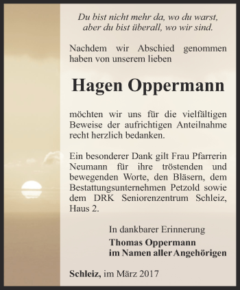 Traueranzeige von Hagen Oppermann von Ostthüringer Zeitung