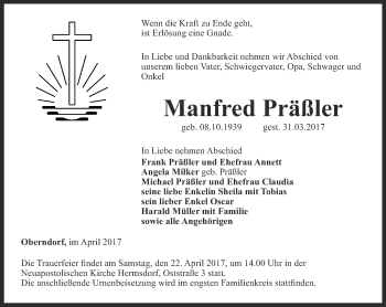 Traueranzeige von Manfred Präßler von Ostthüringer Zeitung