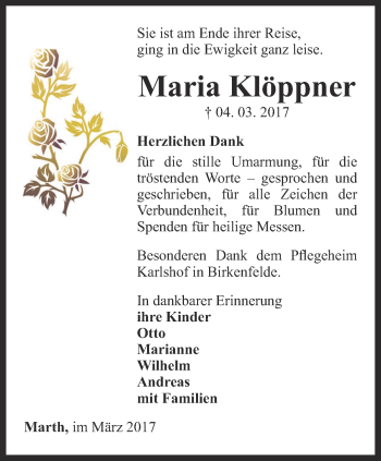 Traueranzeige von Maria Klöppner von Thüringer Allgemeine