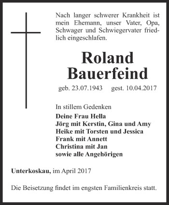 Traueranzeige von Roland Bauerfeind von Ostthüringer Zeitung