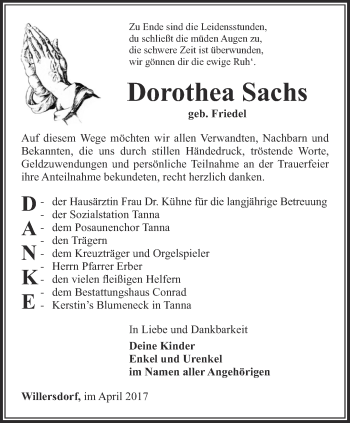 Traueranzeige von Dorothea Sachs von Ostthüringer Zeitung
