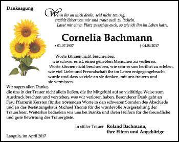 Traueranzeige von Cornelia Bachmann von Thüringer Allgemeine, Thüringische Landeszeitung