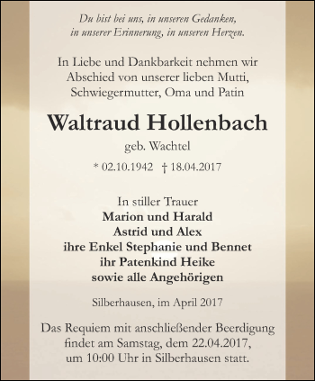 Traueranzeige von Waltraud Hollenbach von Thüringer Allgemeine, Thüringische Landeszeitung