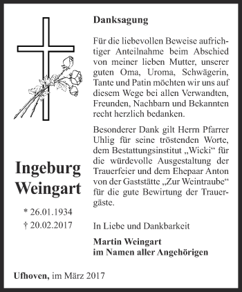 Traueranzeige von Ingeburg Weingart von Thüringer Allgemeine, Thüringische Landeszeitung