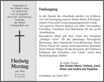 Traueranzeige von Hedwig Montag von Thüringer Allgemeine