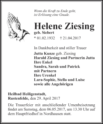 Traueranzeige von Helene Ziesing von Thüringer Allgemeine