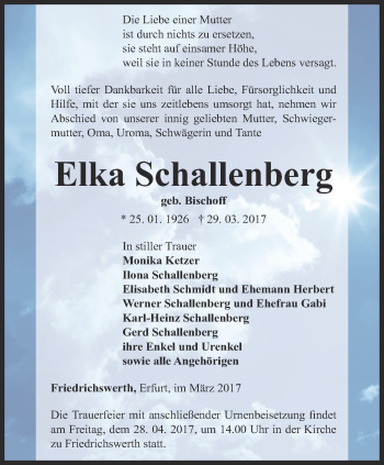 Traueranzeige von Elka Schallenberg von Ostthüringer Zeitung, Thüringische Landeszeitung