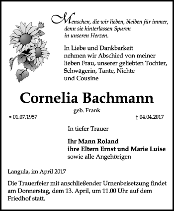 Traueranzeige von Cornelia Bachmann von Thüringer Allgemeine, Thüringische Landeszeitung