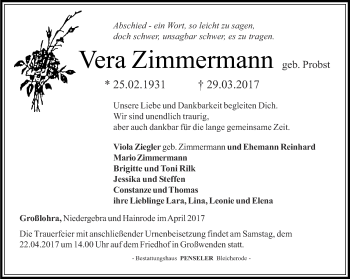 Traueranzeige von Vera Zimmermann von Thüringer Allgemeine