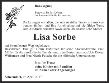 Traueranzeige von Lisa Sorbe von Thüringer Allgemeine